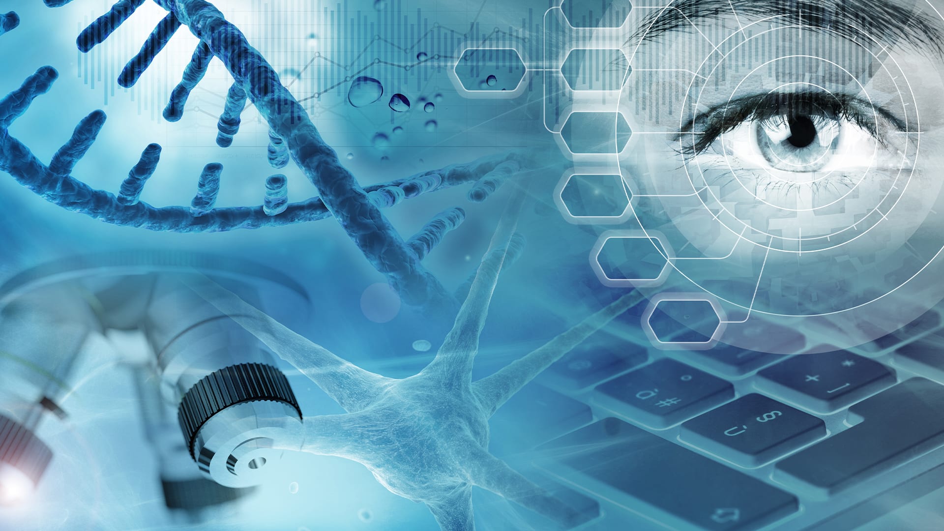 Montage of DNA strand, human face, and molecules.