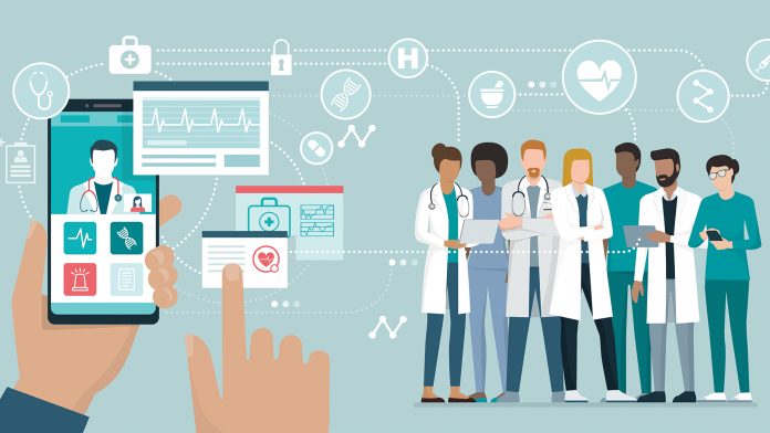 Medical team and healthcare app The NHS Long-Term Plan and a fully digital NHS