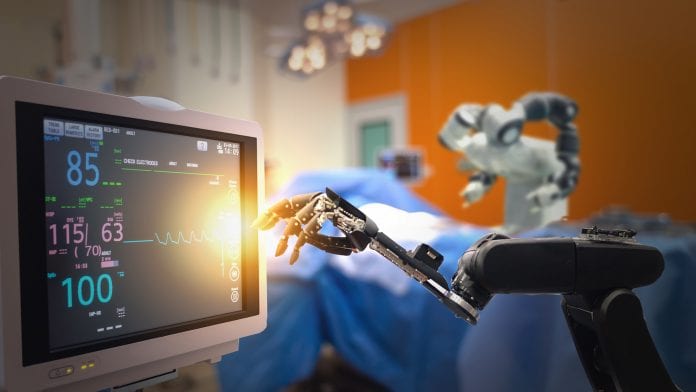 smart medical technology concept,advanced robotic surgery machine at Hospital, robotic surgery are precision, miniaturisation, smaller incisions, decreased blood loss, less pain, quick healing time The encouraging increase of AI in UK healthcare
