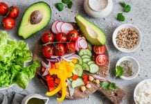 A Mediterranean diet can help to promote healthy ageing in older people Ingredients for spring vegetable buddha bowl. Delicious healthy food. On a grey background,