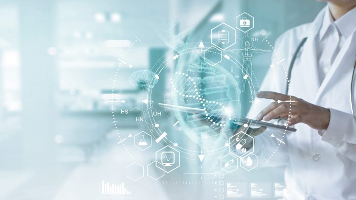 Medicine doctor touching electronic medical record on tablet. DNA. Digital healthcare and network connection on hologram modern virtual screen interface, medical technology and futuristic concept. UK healthcare