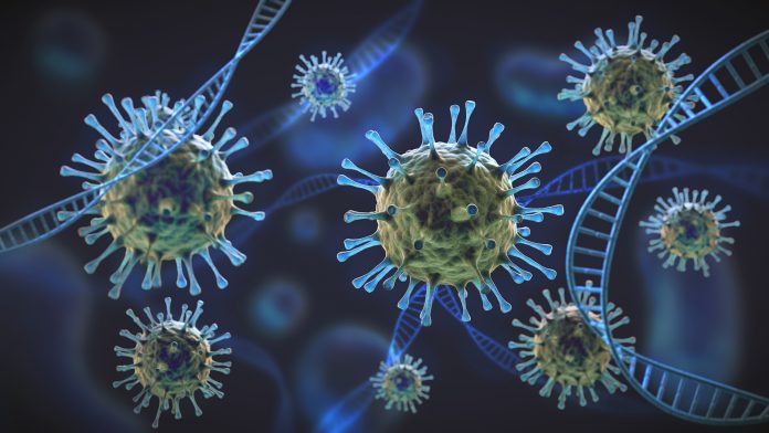 Green and blue coronavirus cells under magnification intertwined with DNA cell structure COVID-19 mortality