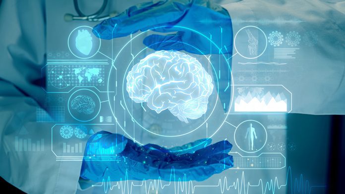 Doctor shows the brain of a person on a blue background., analysis with modern virtual interface in laboratory symptoms of Alzheimer's disease