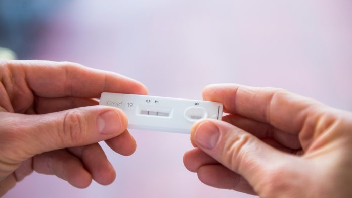 Close up woman hands holding rapid covid -19 test with a positive result. Self express coronavirus testing at home. Covid-19 test kit for detecting IgM IgG antibodies and immunity. Selective focus. COVID infection