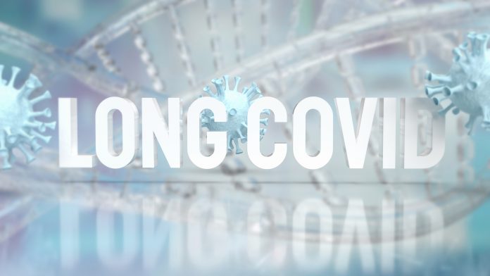 The long covid text and virus for sci or medical concept 3d rendering long COVID symptoms